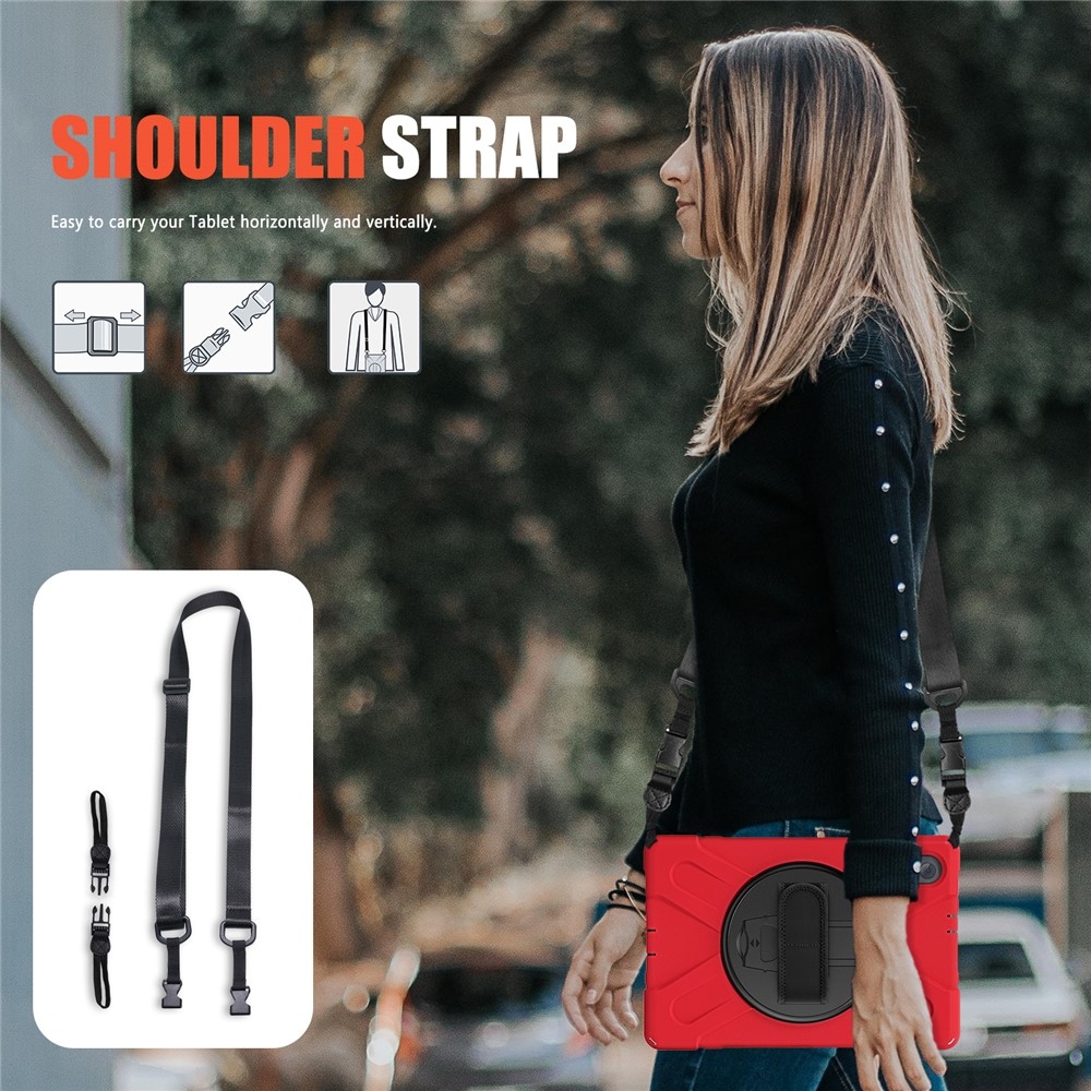 Strap odolný kryt s držákem na ruku a ramenním popruhem na Lenovo Tab M10 Plus TB-X606F/X/V - červený