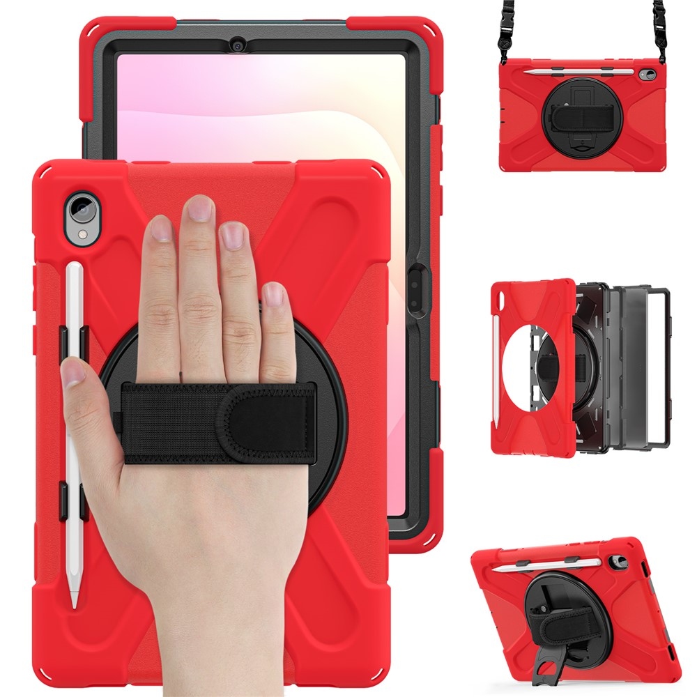 Strap odolný kryt s držákem na ruku a ramenním popruhem na Samsung Galaxy Tab S11 - červený