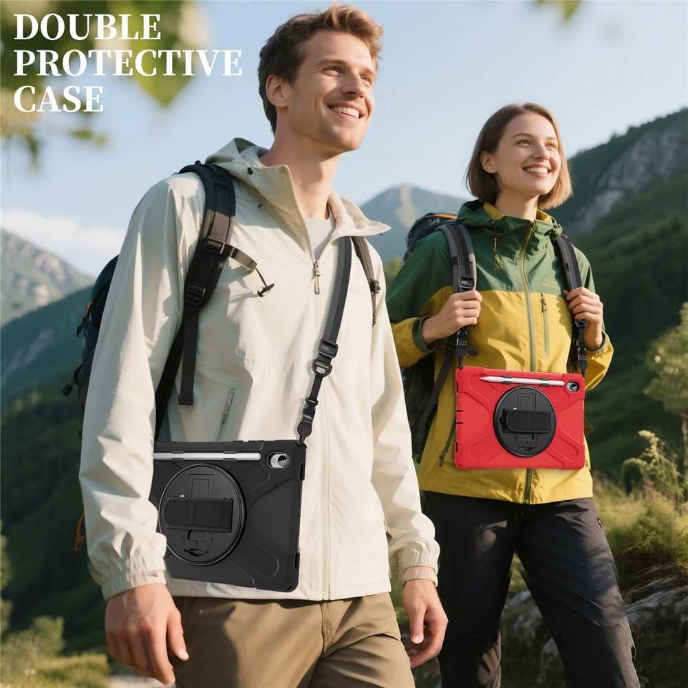 Strap odolný kryt s držákem na ruku a ramenním popruhem na Samsung Galaxy Tab S11 - červený