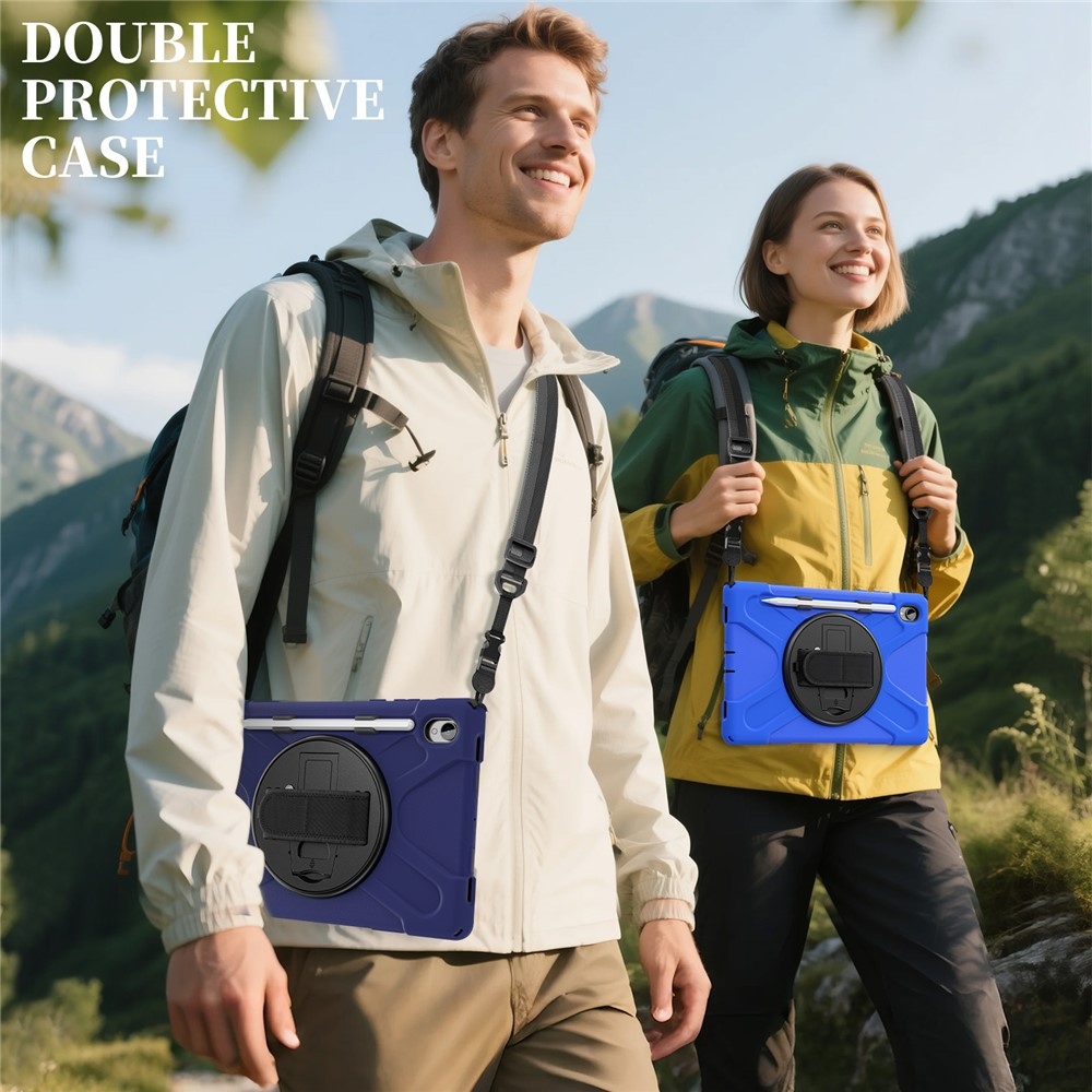 Strap odolný kryt s držákem na ruku a ramenním popruhem na Samsung Galaxy Tab S11 - modrý