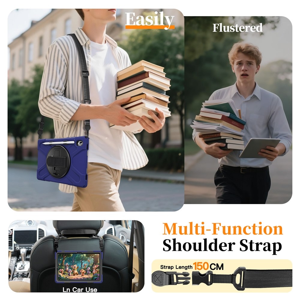 Strap odolný kryt s držákem na ruku a ramenním popruhem na Samsung Galaxy Tab S11 - tmavěmodrý