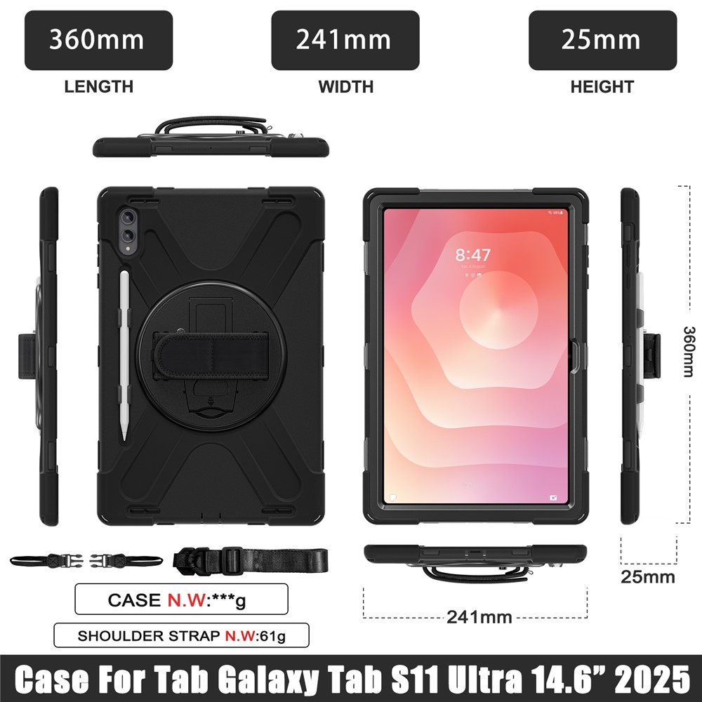Strap odolný kryt s držákem na ruku a ramenním popruhem na Samsung Galaxy Tab S11 Ultra - černý