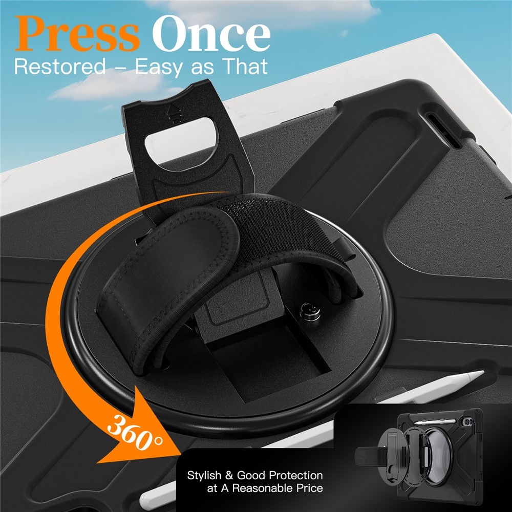 Strap odolný kryt s držákem na ruku a ramenním popruhem na Samsung Galaxy Tab S11 Ultra - černý