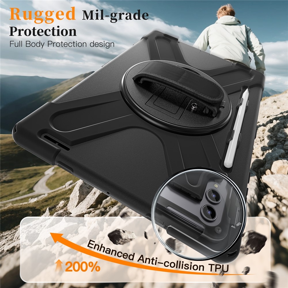 Strap odolný kryt s držákem na ruku a ramenním popruhem na Samsung Galaxy Tab S11 Ultra - černý