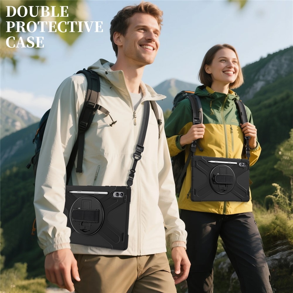 Strap odolný kryt s držákem na ruku a ramenním popruhem na Samsung Galaxy Tab S11 Ultra - černý