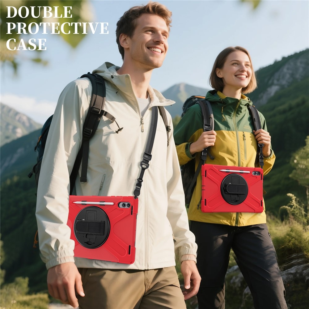 Strap odolný kryt s držákem na ruku a ramenním popruhem na Samsung Galaxy Tab S11 Ultra - červený