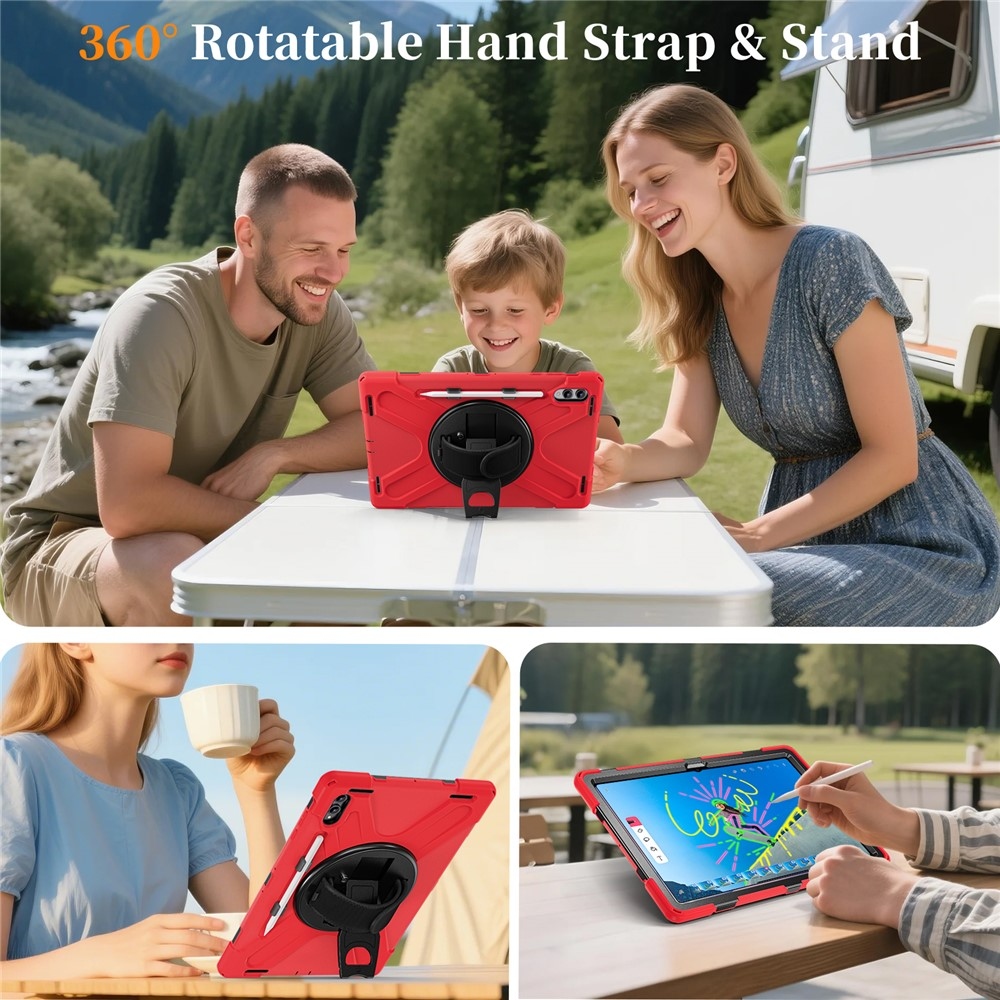 Strap odolný kryt s držákem na ruku a ramenním popruhem na Samsung Galaxy Tab S11 Ultra - červený