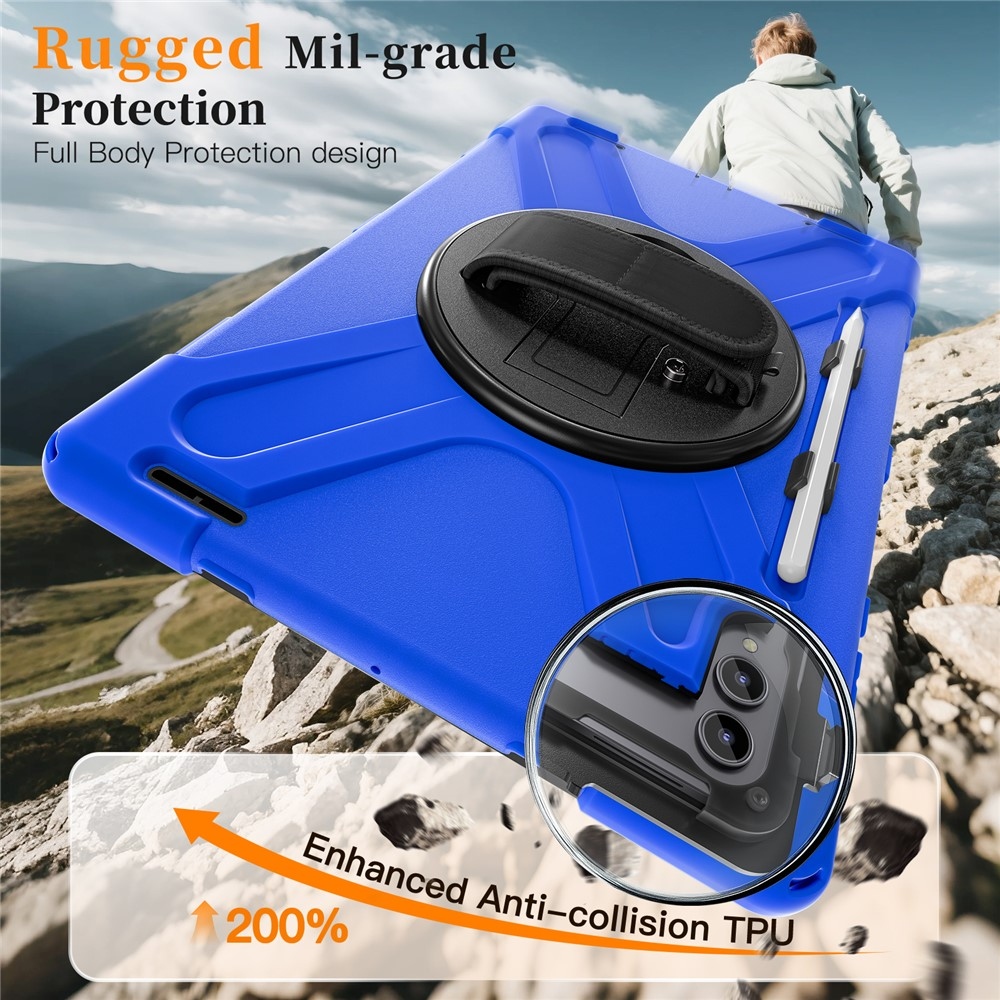 Strap odolný kryt s držákem na ruku a ramenním popruhem na Samsung Galaxy Tab S11 Ultra - modrý