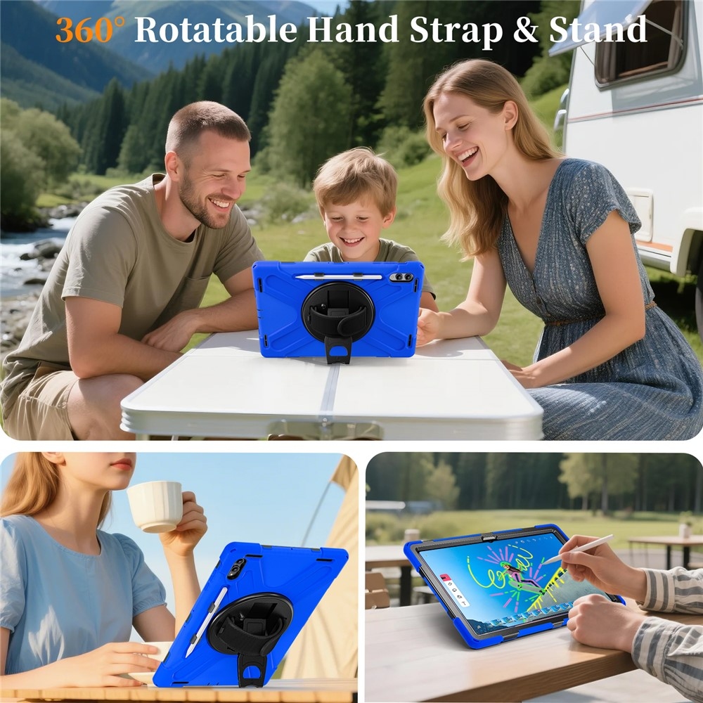 Strap odolný kryt s držákem na ruku a ramenním popruhem na Samsung Galaxy Tab S11 Ultra - modrý