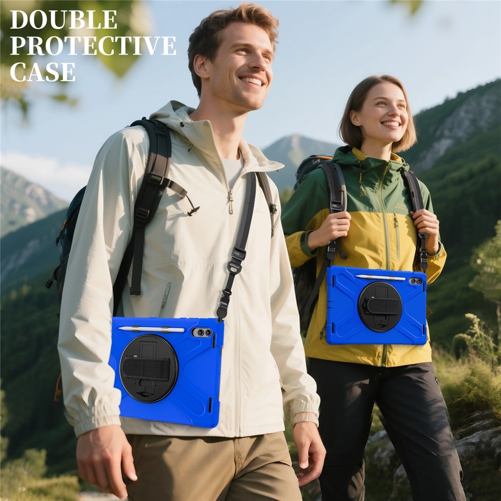 Strap odolný kryt s držákem na ruku a ramenním popruhem na Samsung Galaxy Tab S11 Ultra - modrý