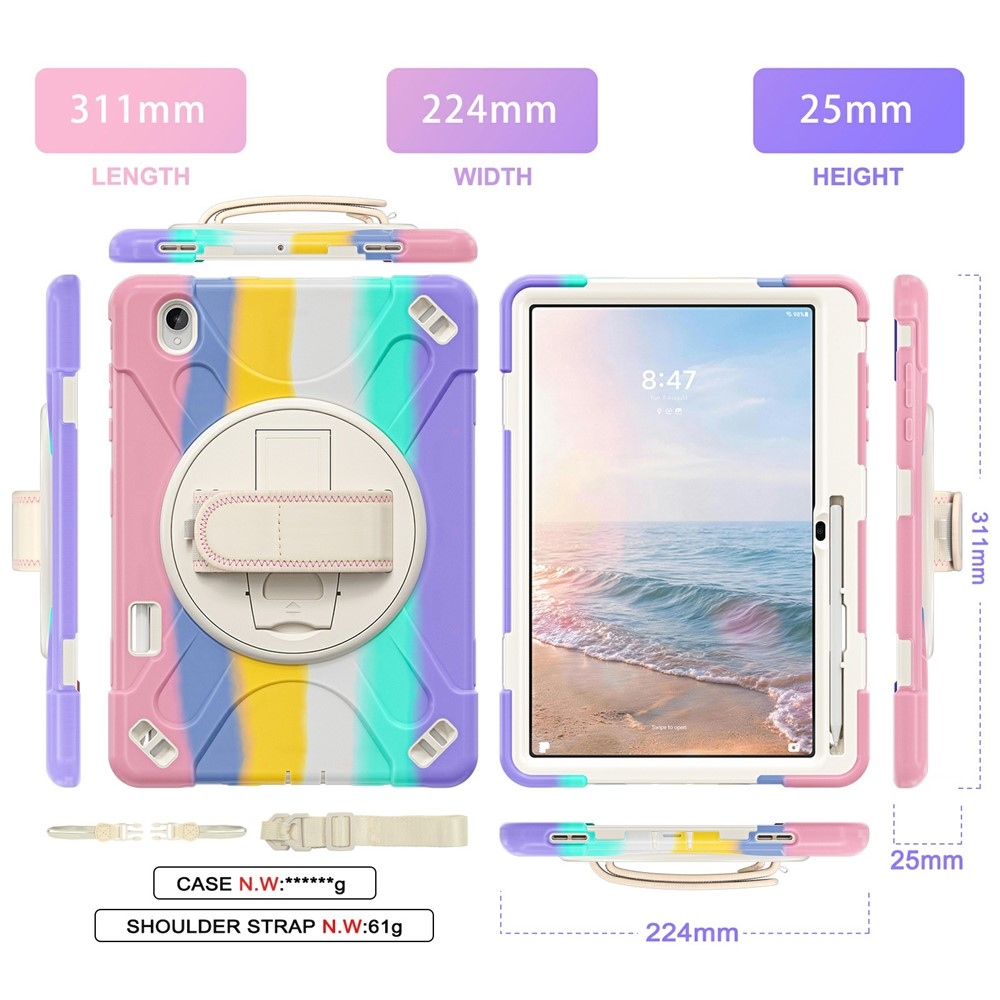 Strap odolný kryt s držákem na ruku a ramenním popruhem na Samsung Galaxy Tab S12+ - barevné pruhy