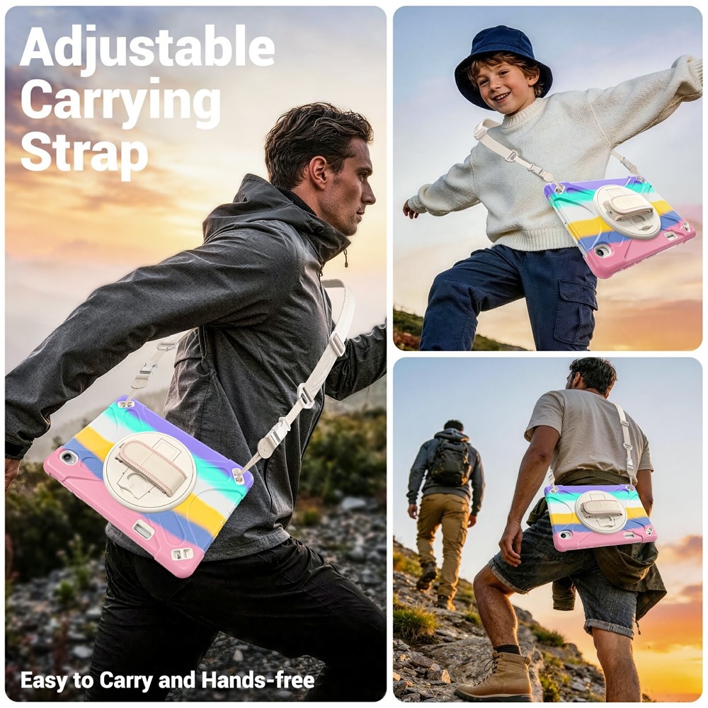Strap odolný kryt s držákem na ruku a ramenním popruhem na Samsung Galaxy Tab S12+ - barevné pruhy