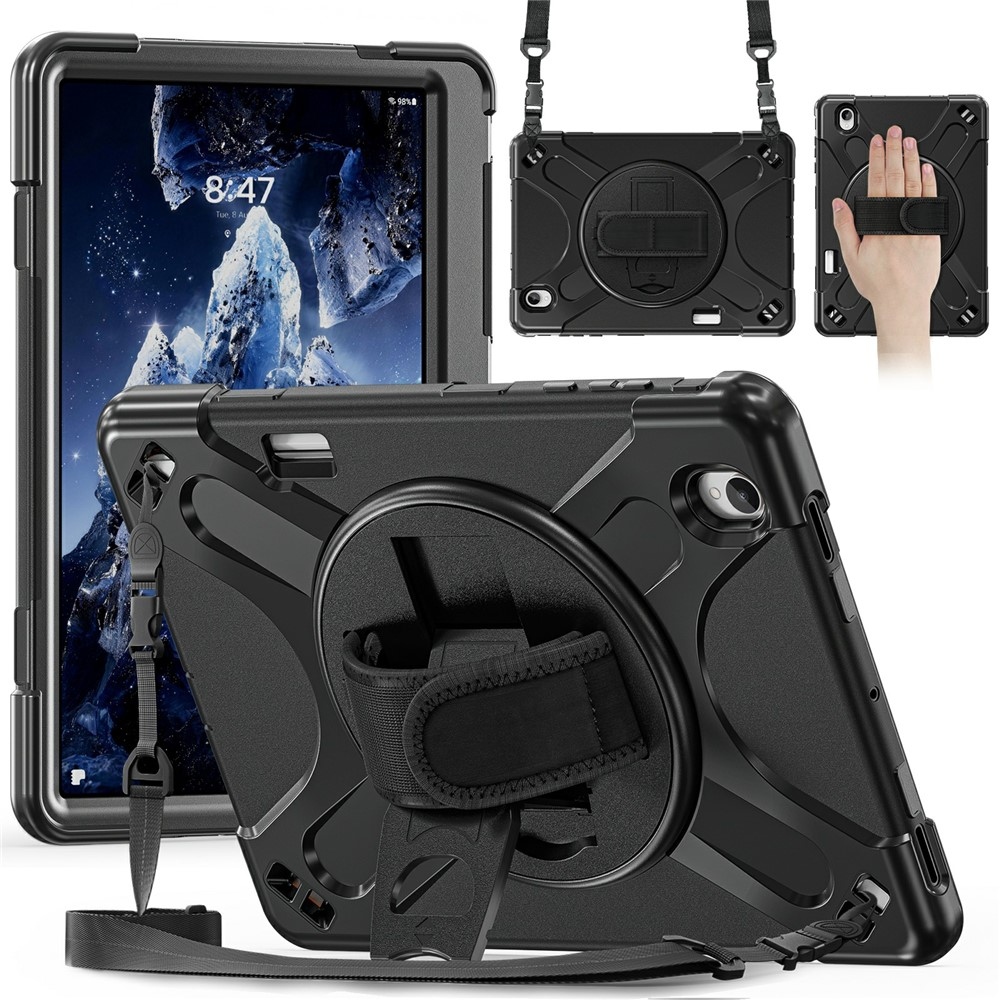 Strap odolný kryt s držákem na ruku a ramenním popruhem na Samsung Galaxy Tab S12+ - černý