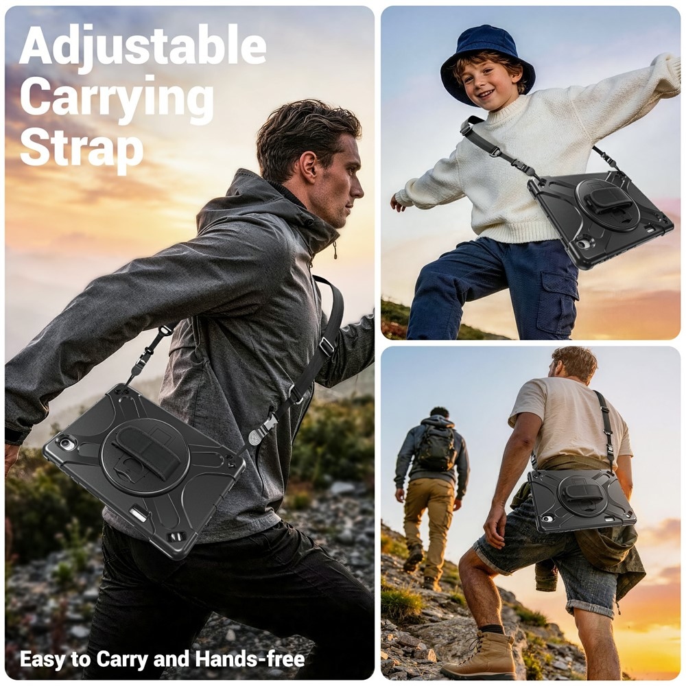 Strap odolný kryt s držákem na ruku a ramenním popruhem na Samsung Galaxy Tab S12+ - černý