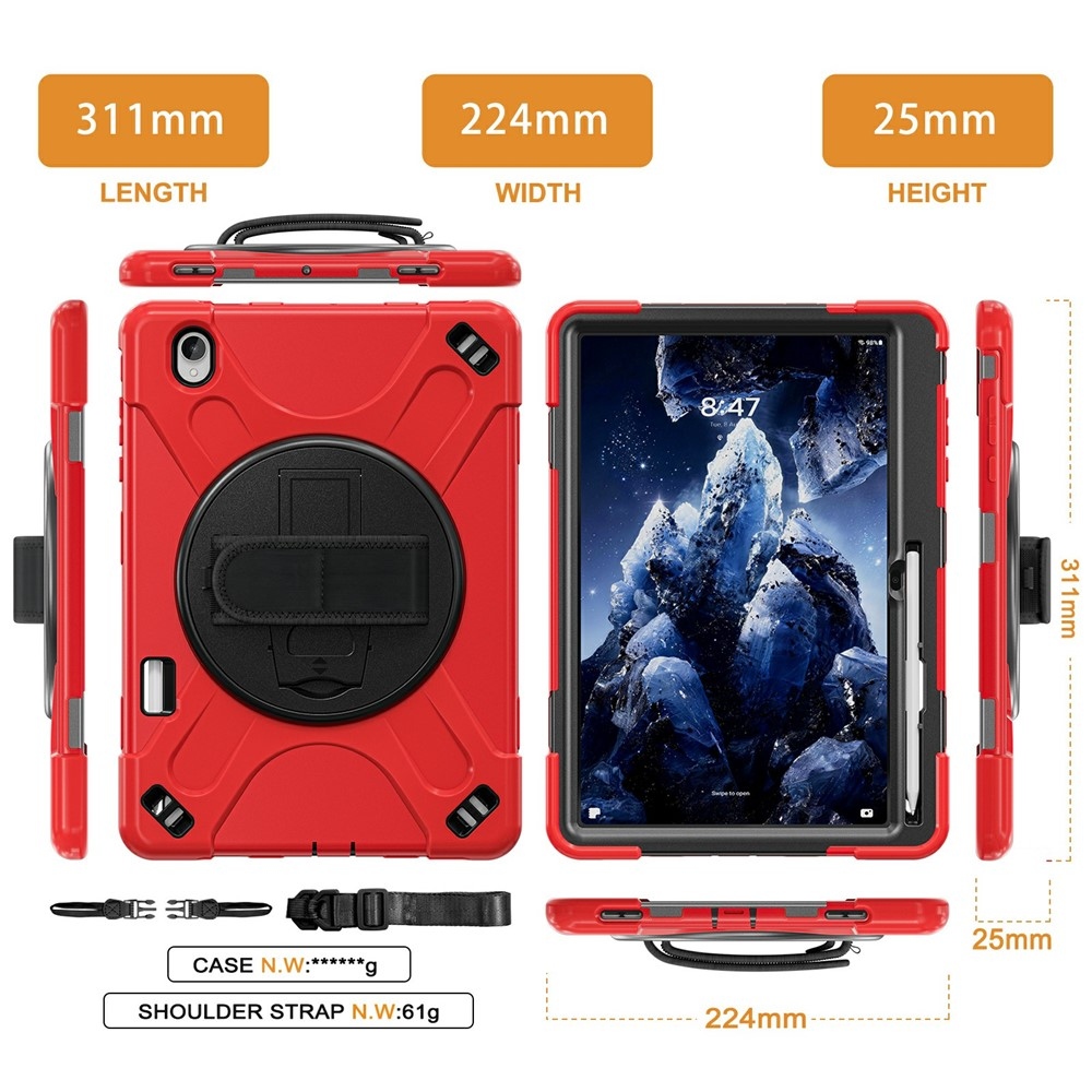 Strap odolný kryt s držákem na ruku a ramenním popruhem na Samsung Galaxy Tab S12+ - červený