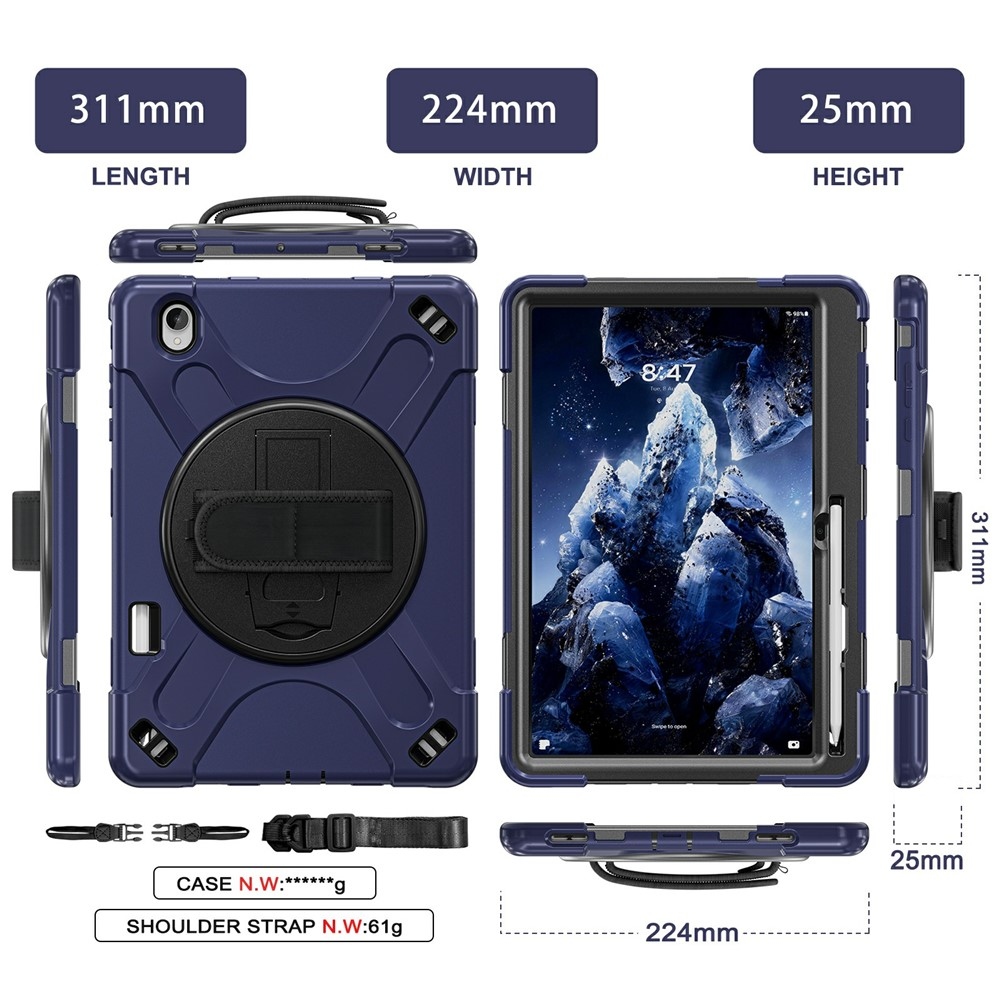 Strap odolný kryt s držákem na ruku a ramenním popruhem na Samsung Galaxy Tab S12+ - tmavěmodrý