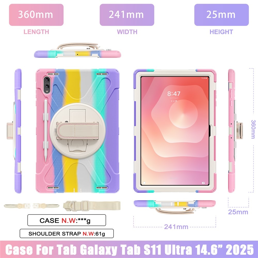 Strap odolný kryt s držákem na ruku a ramenním popruhem na Samsung Galaxy Tab S12 Ultra/S11 Ultra - barevné pruhy