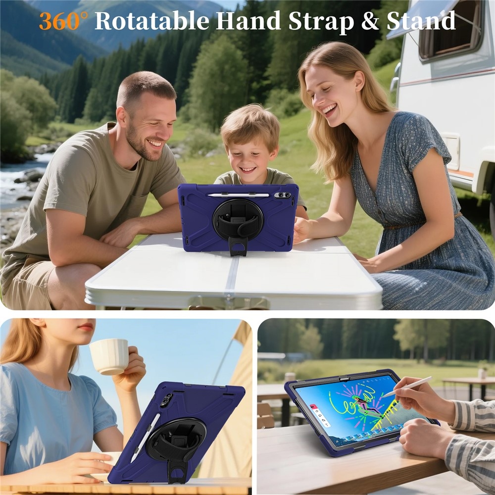 Strap odolný kryt s držákem na ruku a ramenním popruhem na Samsung Galaxy Tab S12 Ultra/S11 Ultra - modrý