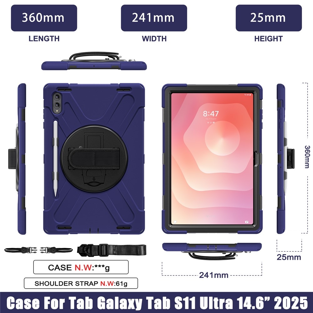 Strap odolný kryt s držákem na ruku a ramenním popruhem na Samsung Galaxy Tab S12 Ultra/S11 Ultra - modrý