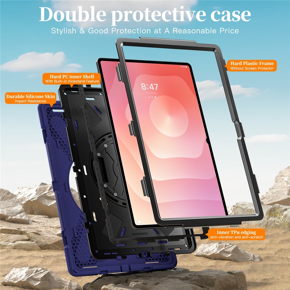 Strap odolný kryt s držákem na ruku a ramenním popruhem na Samsung Galaxy Tab S12 Ultra/S11 Ultra - modrý
