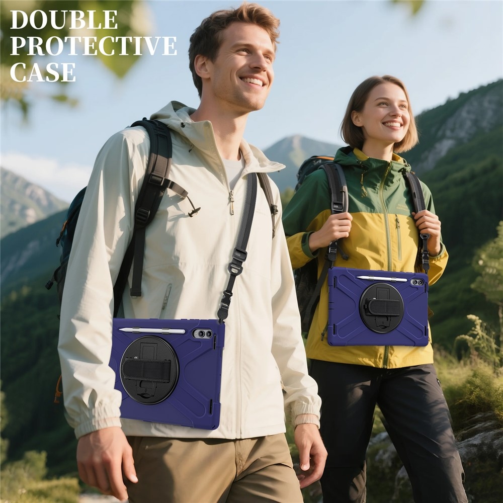 Strap odolný kryt s držákem na ruku a ramenním popruhem na Samsung Galaxy Tab S12 Ultra/S11 Ultra - modrý