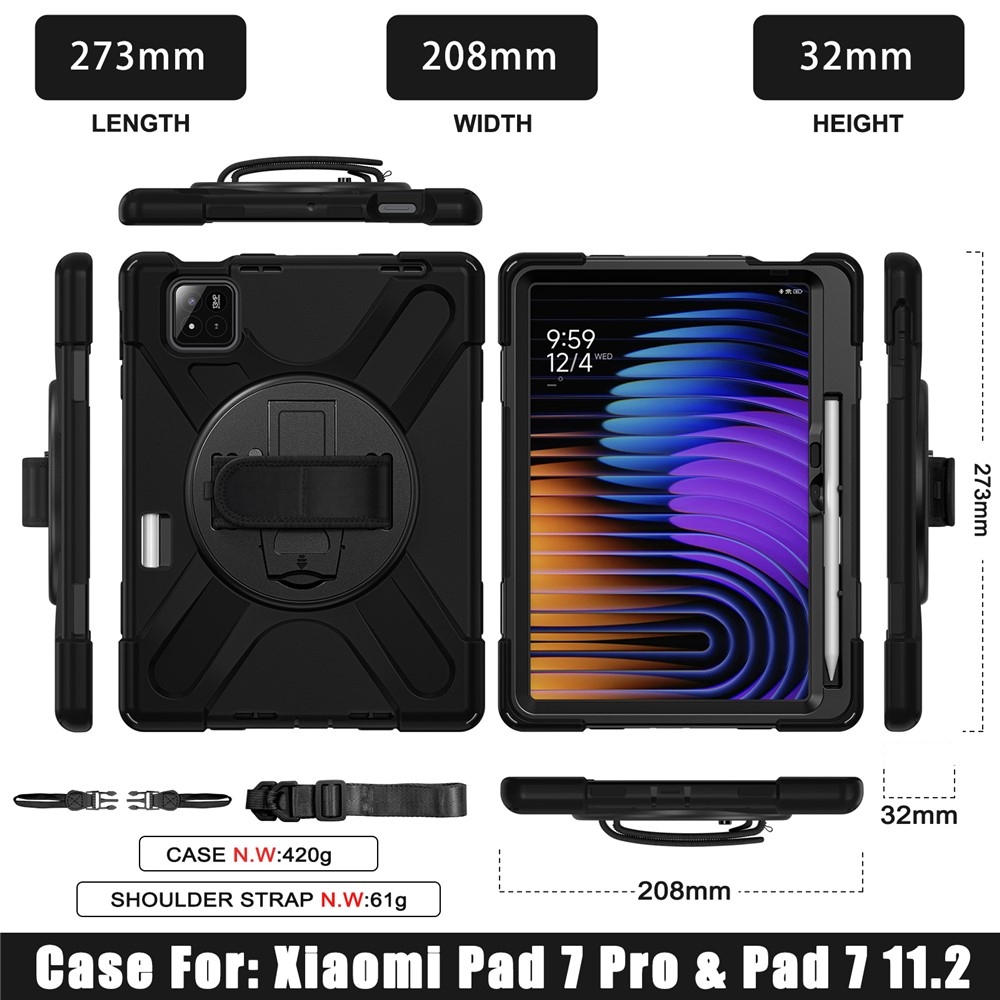 Strap odolný kryt s držákem na ruku a ramenním popruhem na Xiaomi Pad 8/8 Pro/7/7 Pro - černý