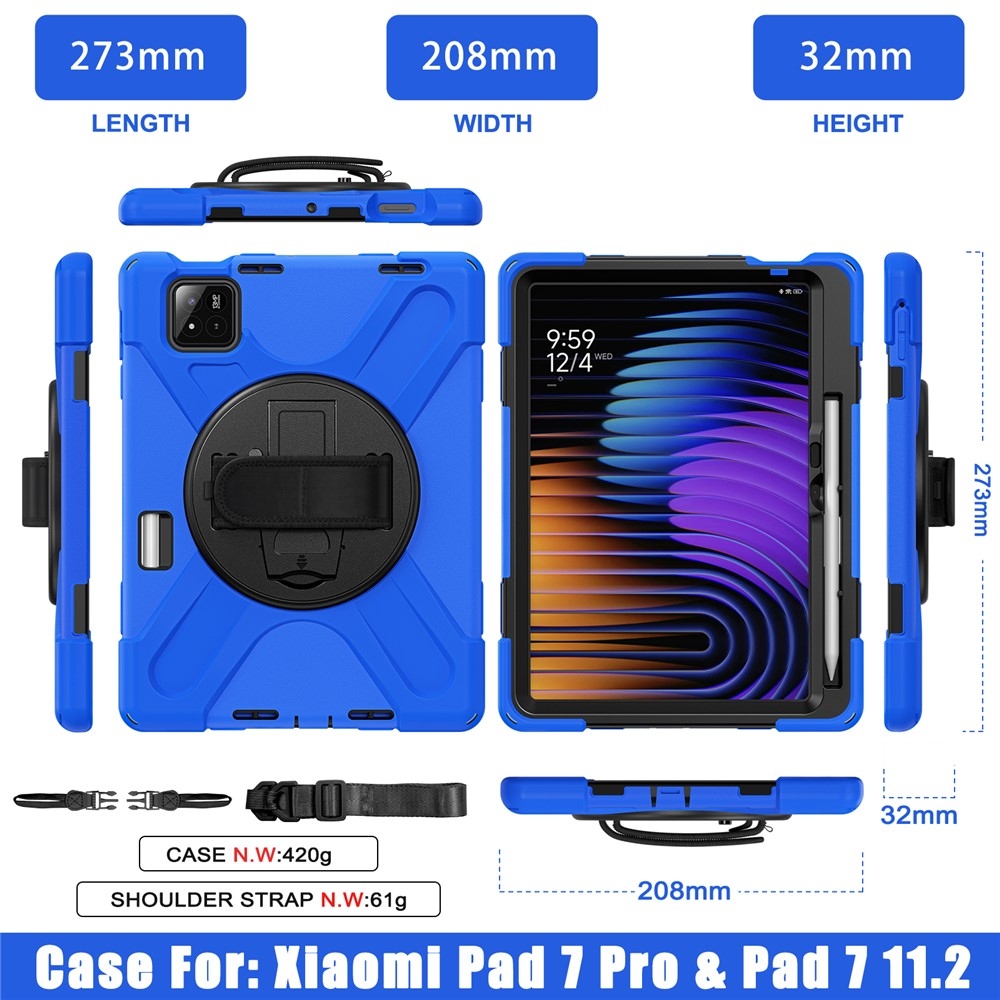 Strap odolný kryt s držákem na ruku a ramenním popruhem na Xiaomi Pad 8/8 Pro/7/7 Pro - modrý