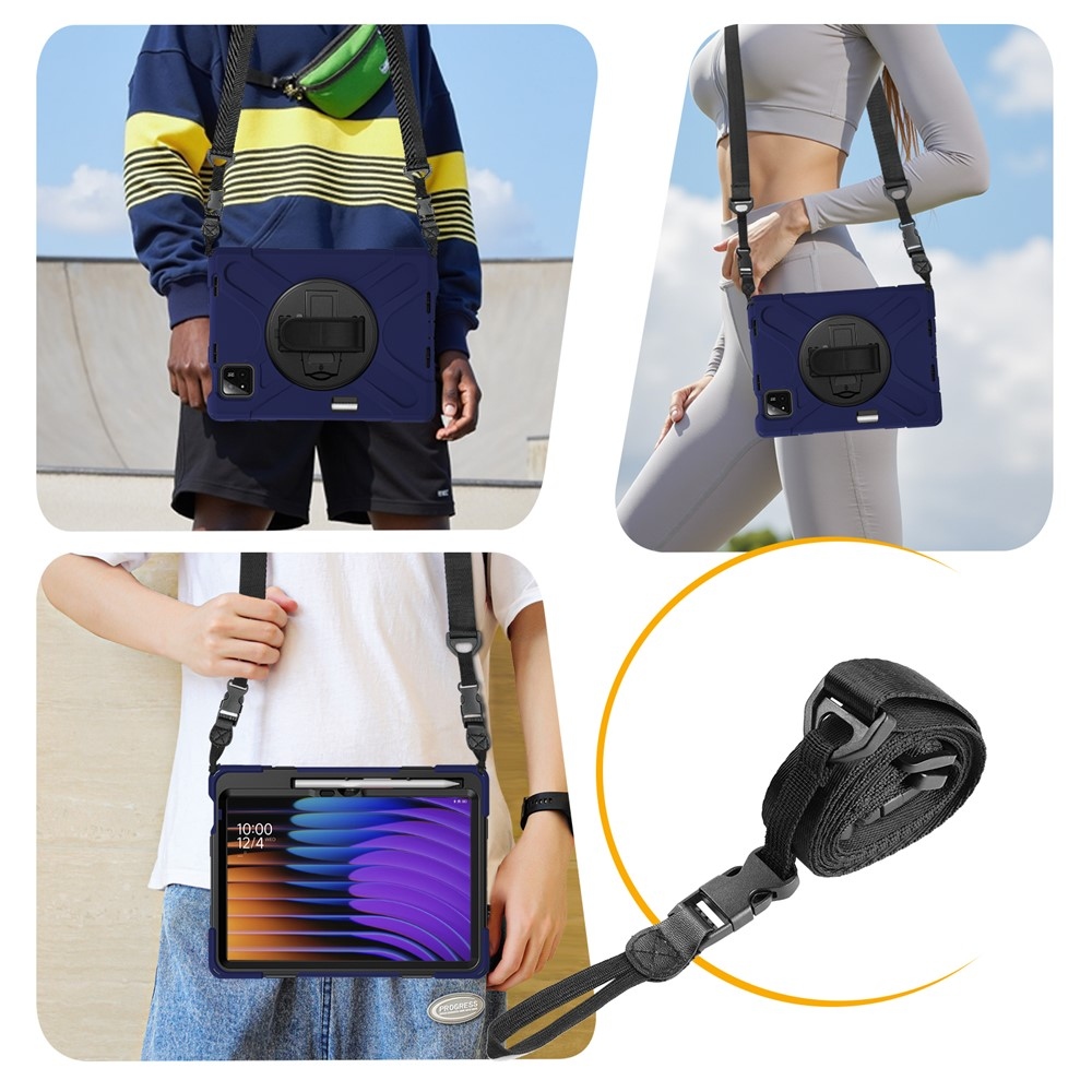 Strap odolný kryt s držákem na ruku a ramenním popruhem na Xiaomi Pad 8/8 Pro/7/7 Pro - tmavěmodrý