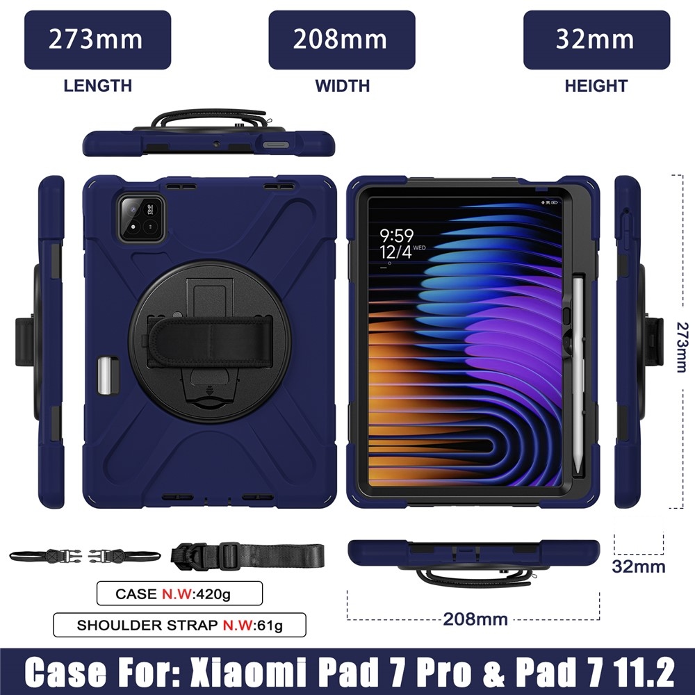Strap odolný kryt s držákem na ruku a ramenním popruhem na Xiaomi Pad 8/8 Pro/7/7 Pro - tmavěmodrý