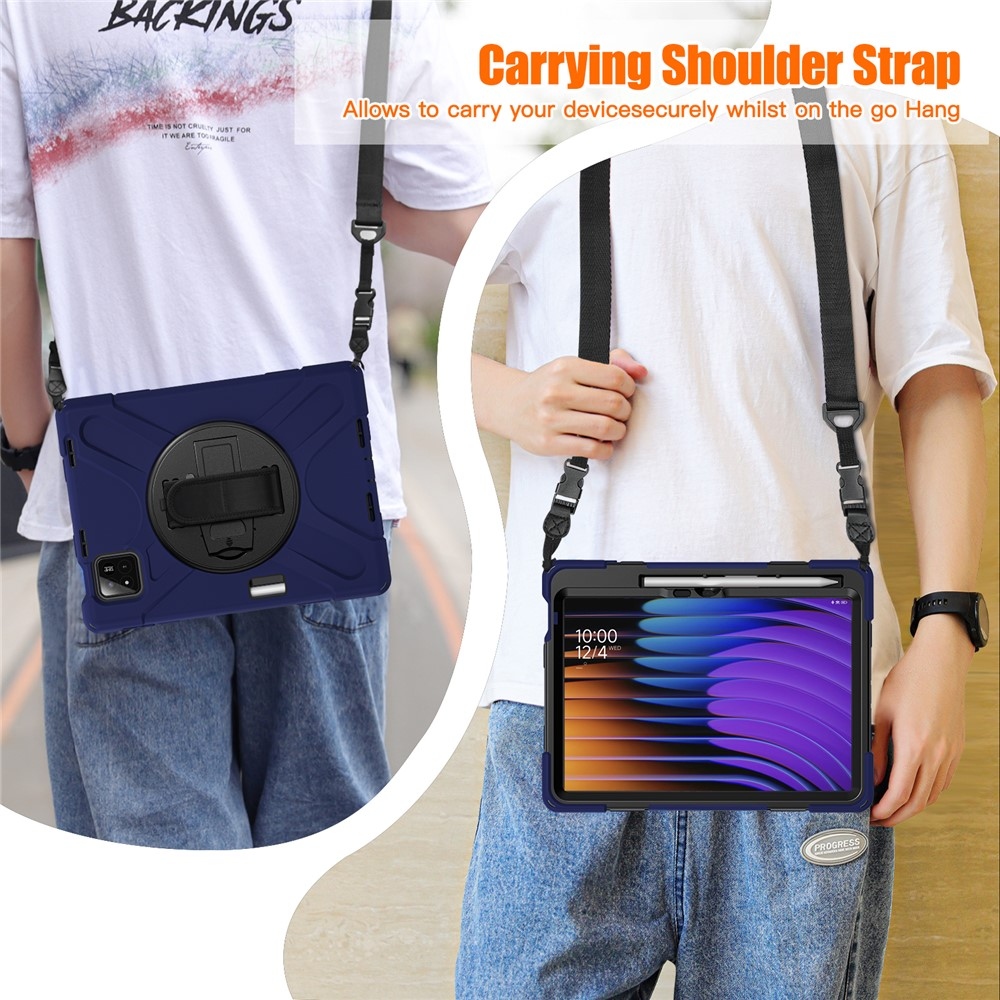 Strap odolný kryt s držákem na ruku a ramenním popruhem na Xiaomi Pad 8/8 Pro/7/7 Pro - tmavěmodrý