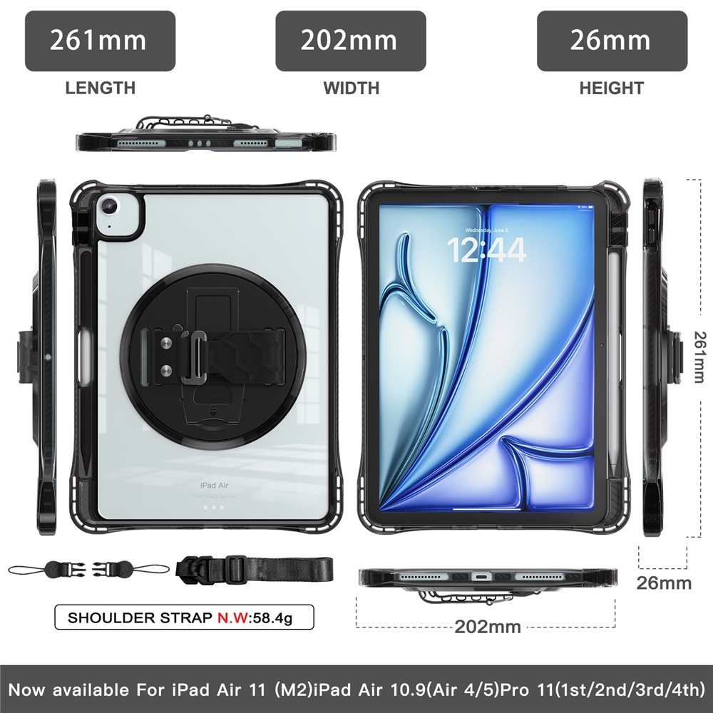 Strap odolný kryt s průhlednými zády a ramenním popruhem na iPad Air 11 (2024/25/26)/Air (2022)/(2020) - černý