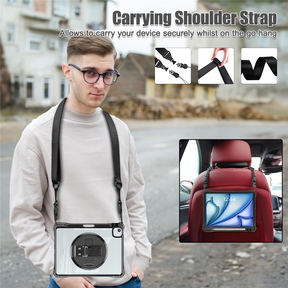 Strap odolný kryt s průhlednými zády a ramenním popruhem na iPad Air 11 (2024/25/26)/Air (2022)/(2020) - černý