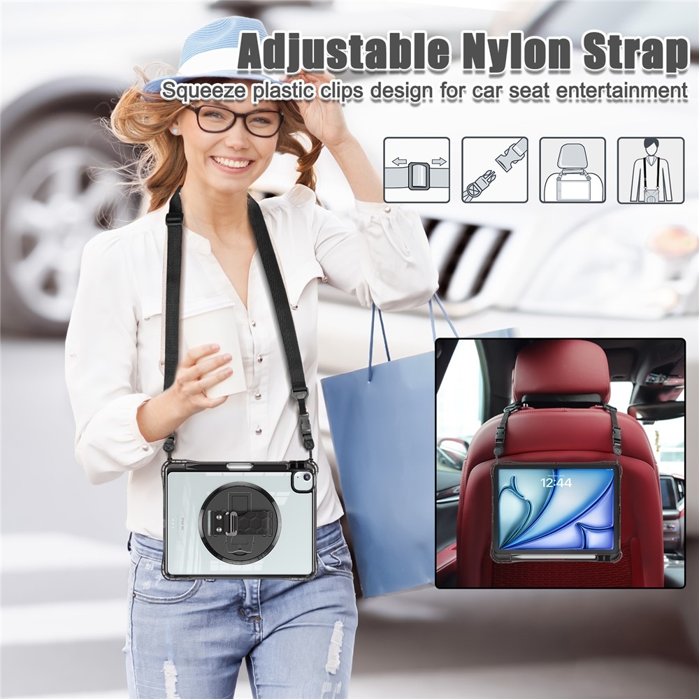 Strap odolný kryt s průhlednými zády a ramenním popruhem na iPad Air 11 (2024/25/26)/Air (2022)/(2020) - černý