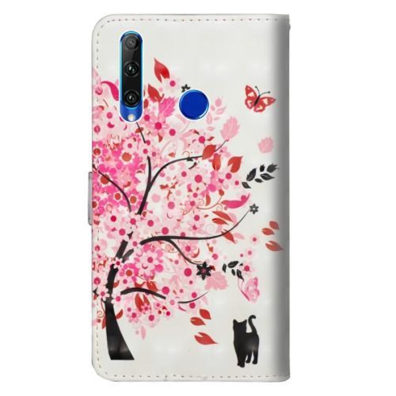 Style PU kožené peněženkové pouzdro na mobil Honor 20 Lite/Honor 20e - kočka a rozkvetlý strom