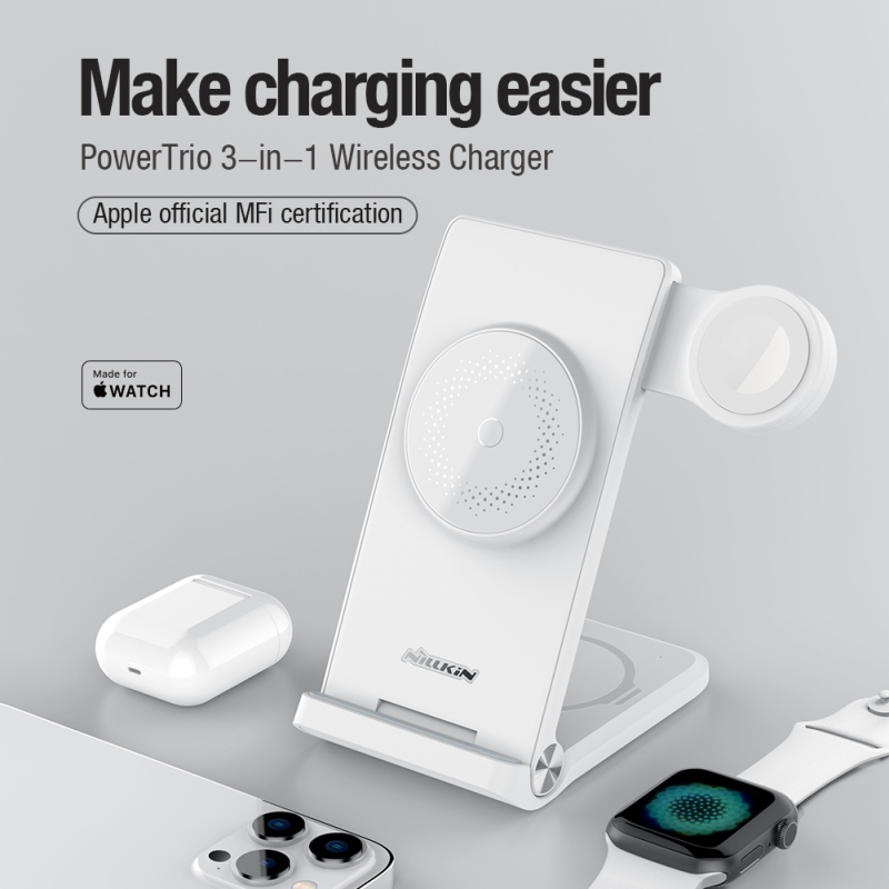 Nillkin PowerTrio 3v1 Bezdrátová Nabíječka MagSafe pro Apple Watch White (MFI)