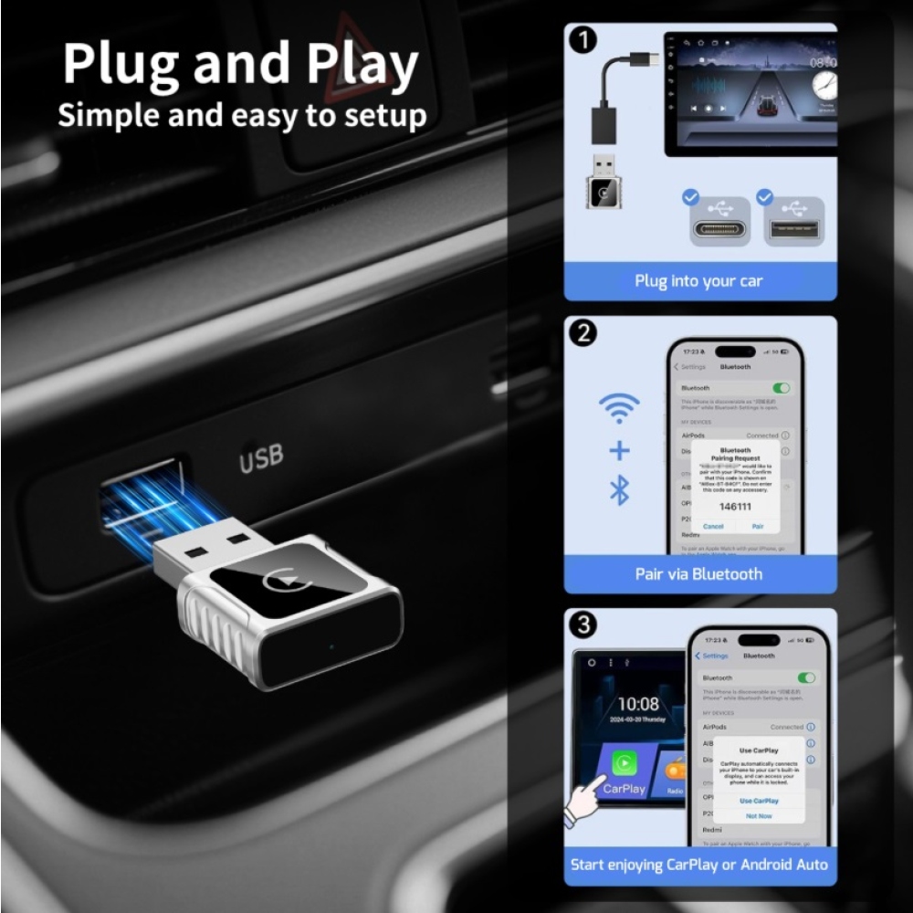 Swissten adaptér Carlink - Apple Carplay / Android Auto (+adaptér USB-A / USB-C)