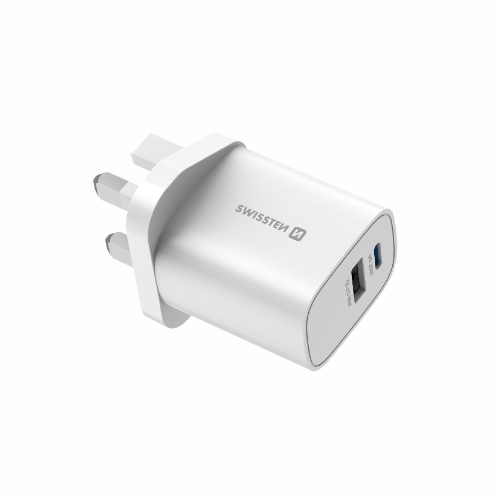 Swissten cestovní adaptér EDGE GaN 1× USB-C PD 20 W + 1× USB-A 18 W QC, pro UK zásuvku - bílý
