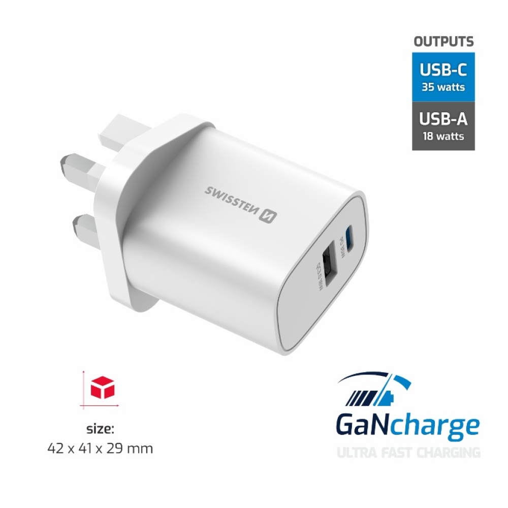 Swissten cestovní adaptér EDGE GaN 1× USB-C PD 35 W + 1× USB-A 18W QC, pro UK zásuvku - bílý
