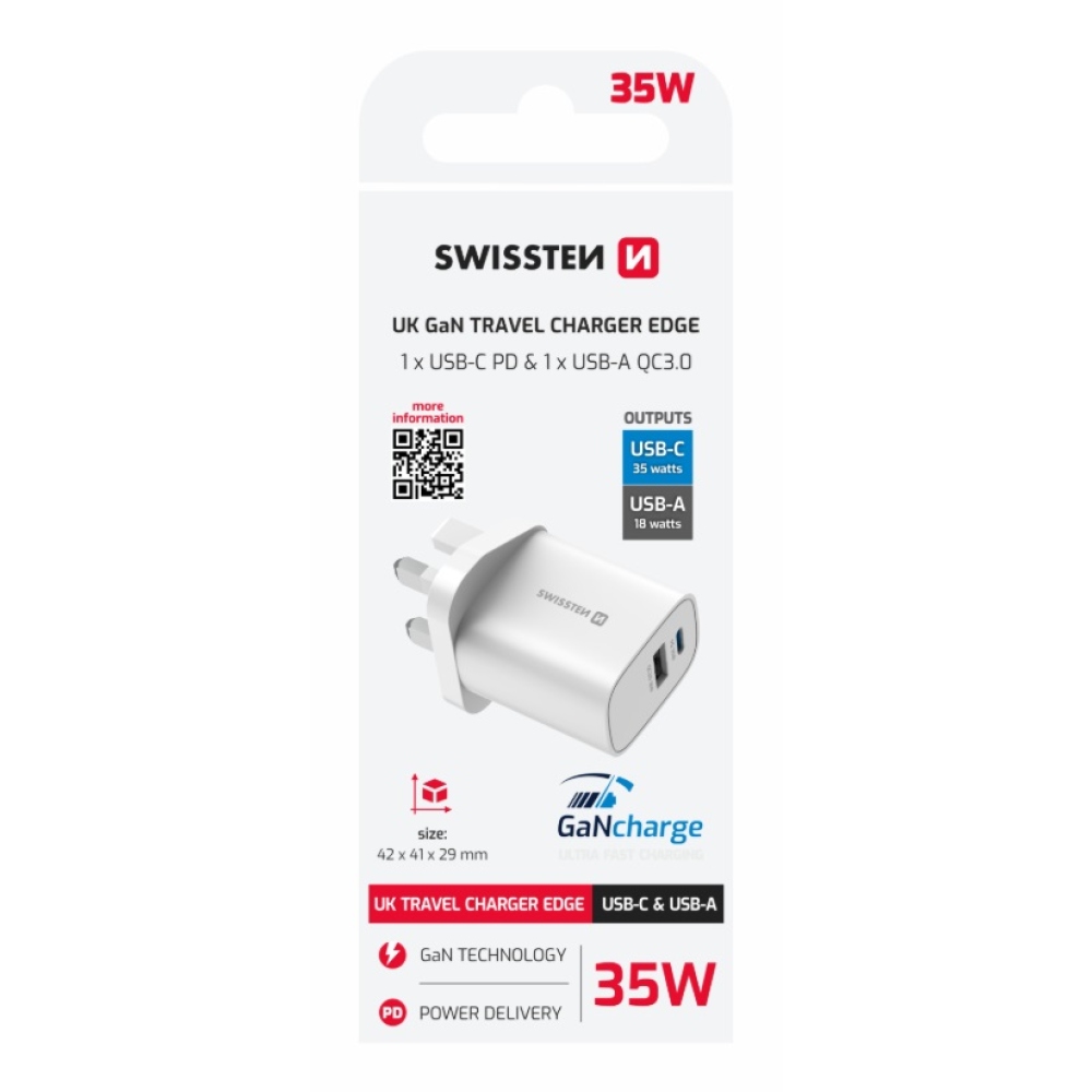 Swissten cestovní adaptér EDGE GaN 1× USB-C PD 35 W + 1× USB-A 18W QC, pro UK zásuvku - bílý