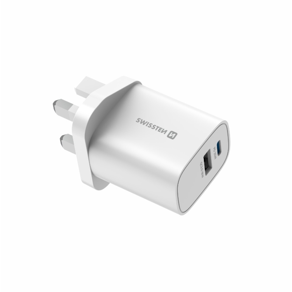 Swissten cestovní adaptér EDGE GaN 1× USB-C PD 35 W + 1× USB-A 18W QC, pro UK zásuvku - bílý