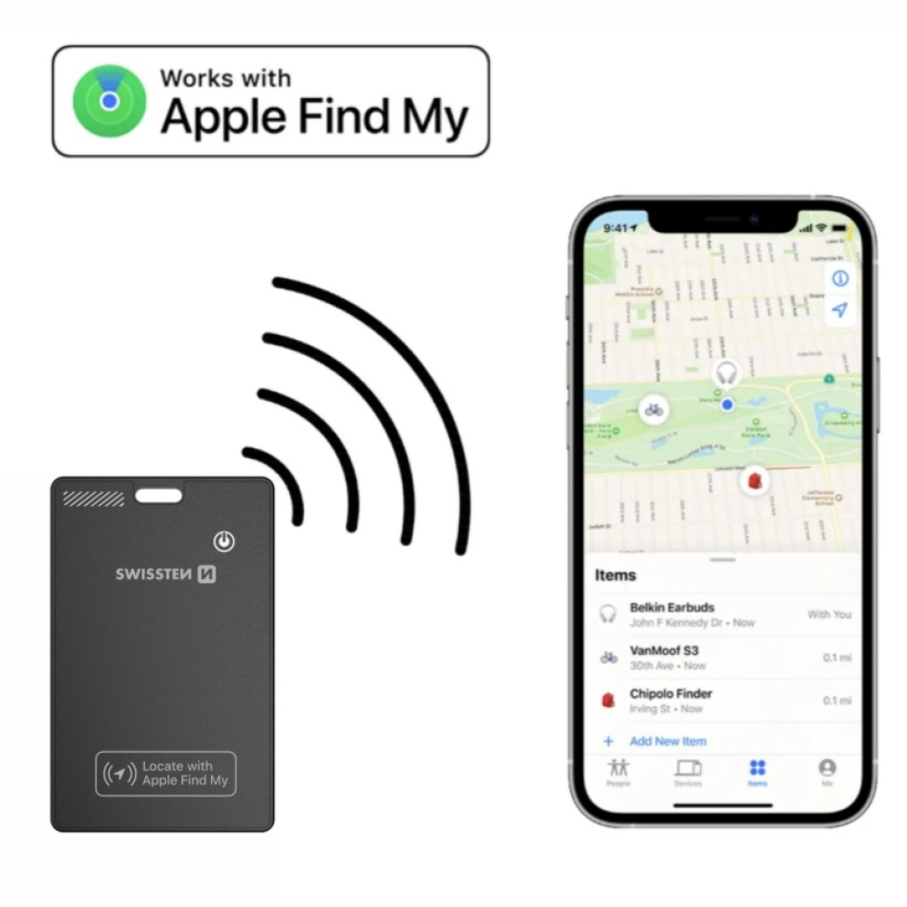 Swissten chytrý lokátor s funkcí Apple Find My - černý