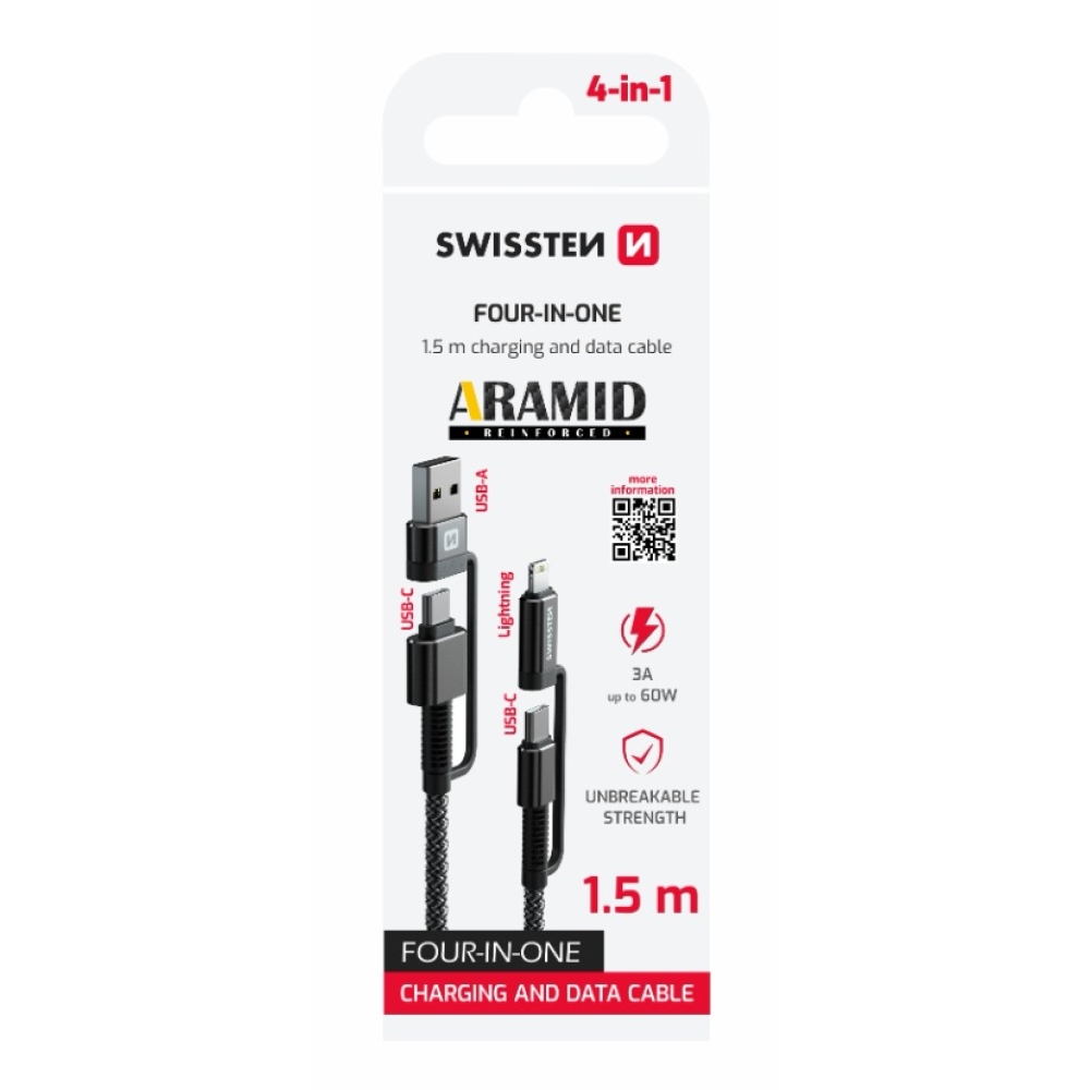 Swissten datový kabel Aramid Reinforced 4v1 3A 1,5m - antracitový