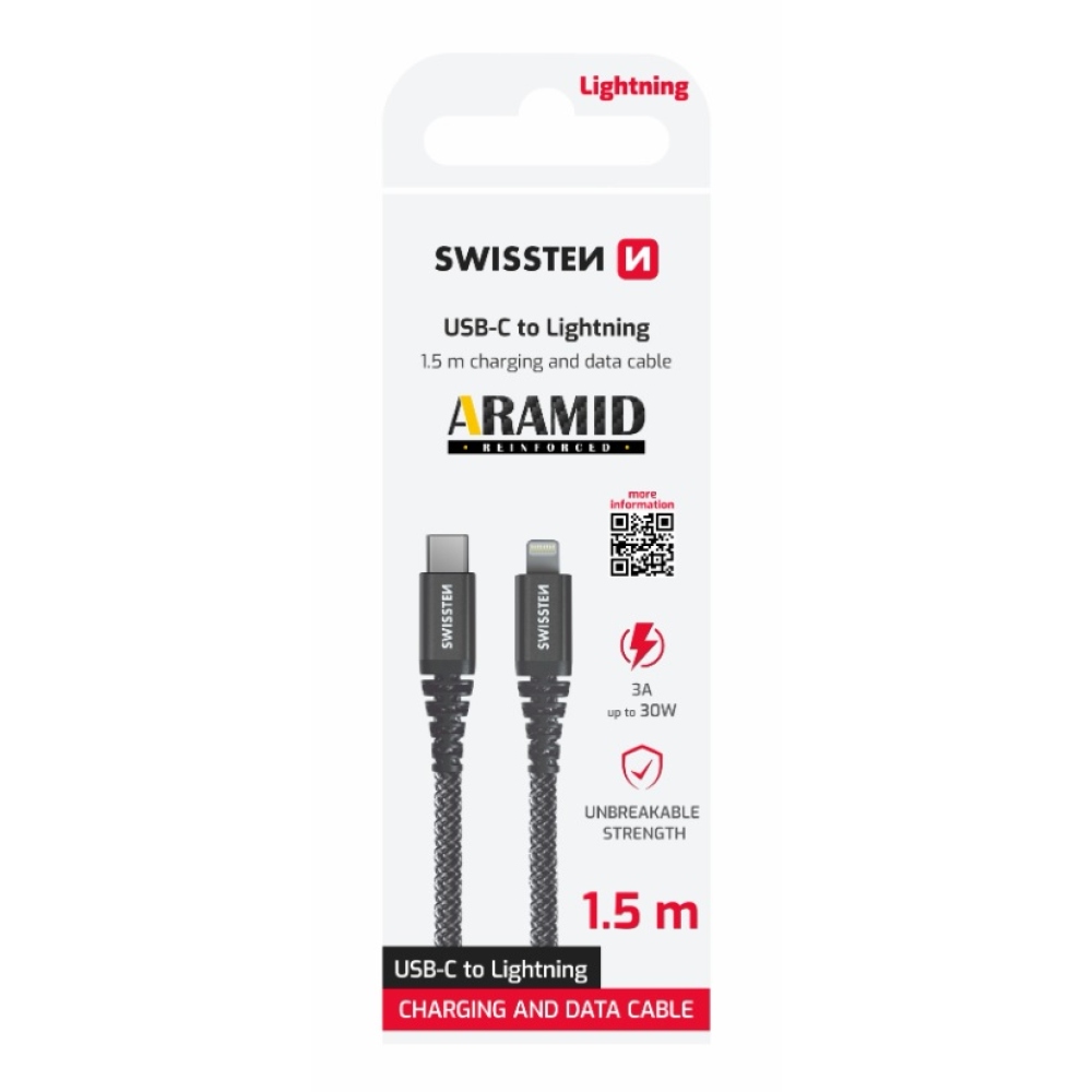 Swissten datový kabel Aramid Reinforced USB-C/Lightning 1,5m - antracitový