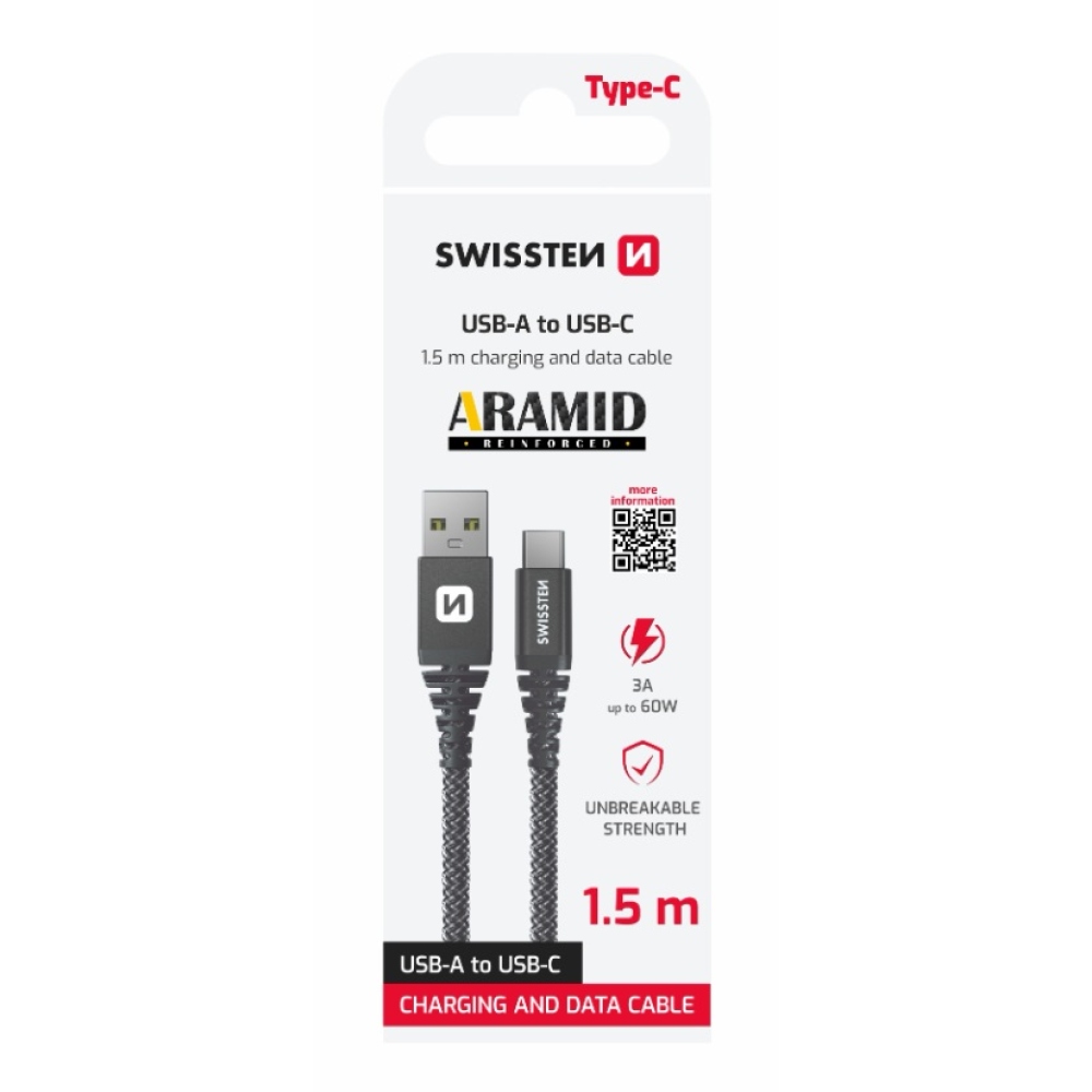 Swissten datový kabel Aramid Reinforced USB/USB-C 1,5m - antracitový