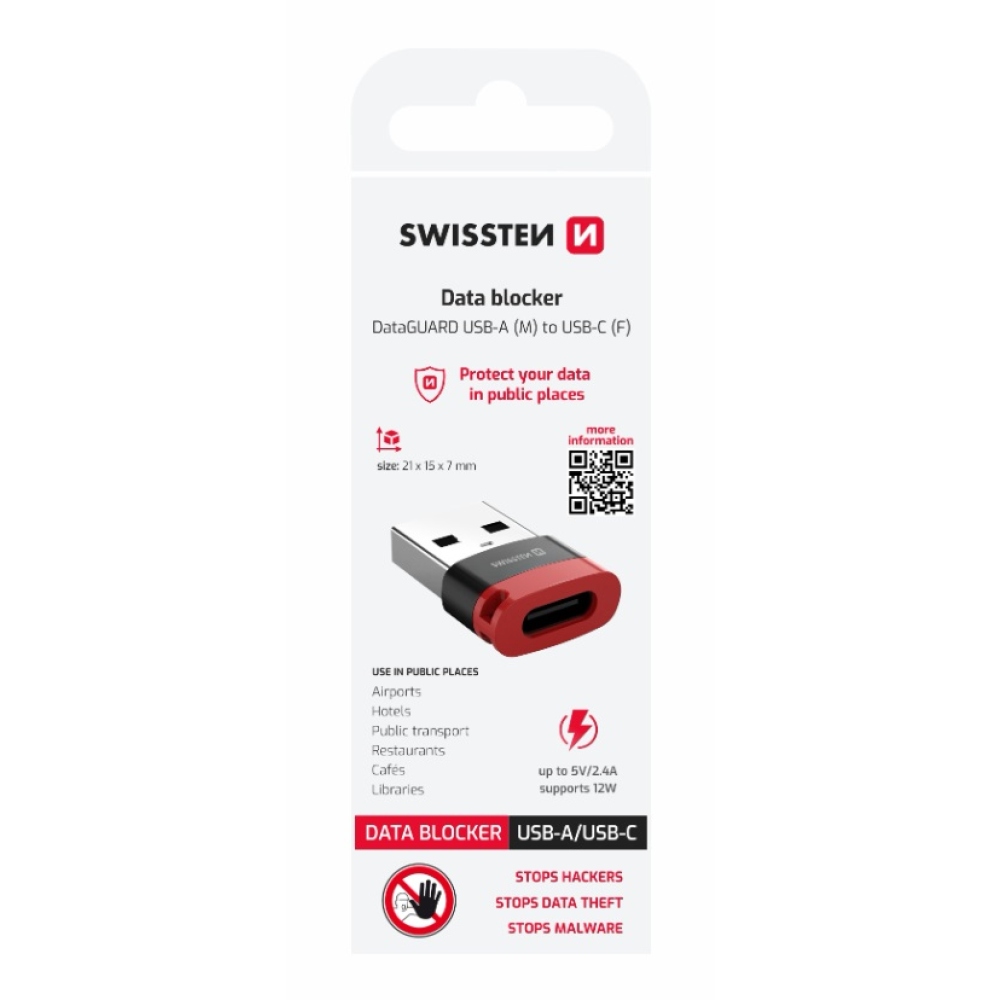 SWISSTEN nabíjecí adaptér s blokací dat DataGUARD USB-A (samec)/USB-C (samice) - černý