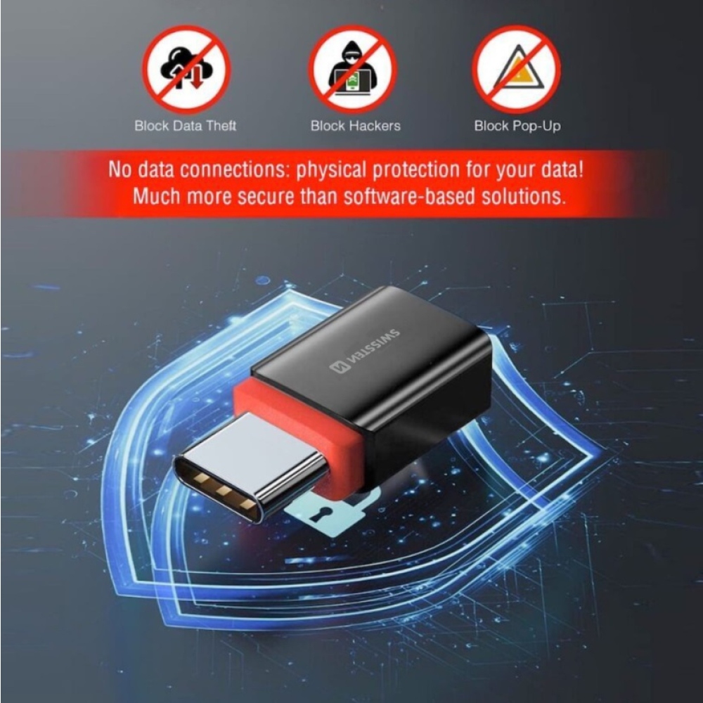 SWISSTEN nabíjecí adaptér s blokací dat DataGUARD USB-C (samec)/USB-C (samice) - černý