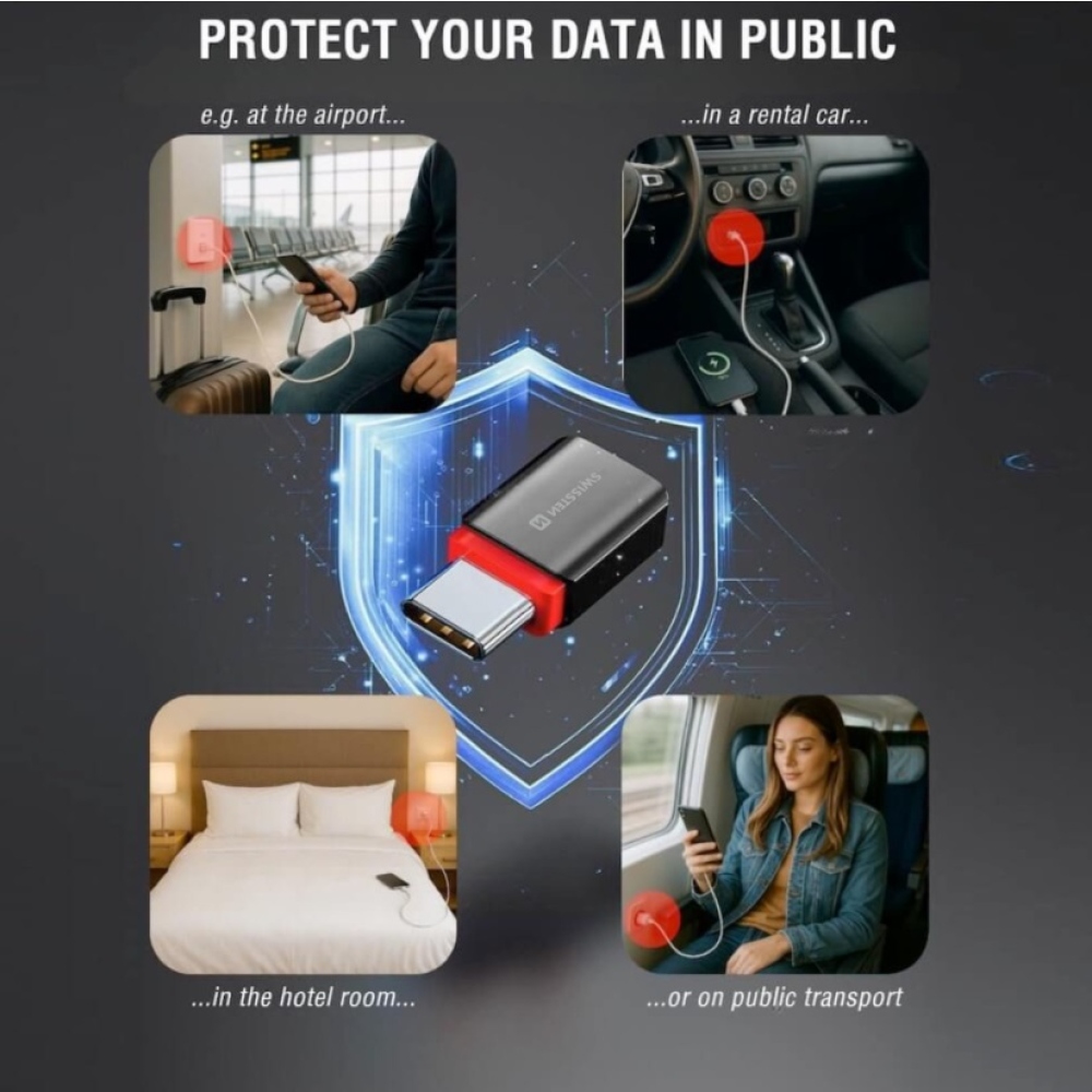 SWISSTEN nabíjecí adaptér s blokací dat DataGUARD USB-C (samec)/USB-C (samice) - černý