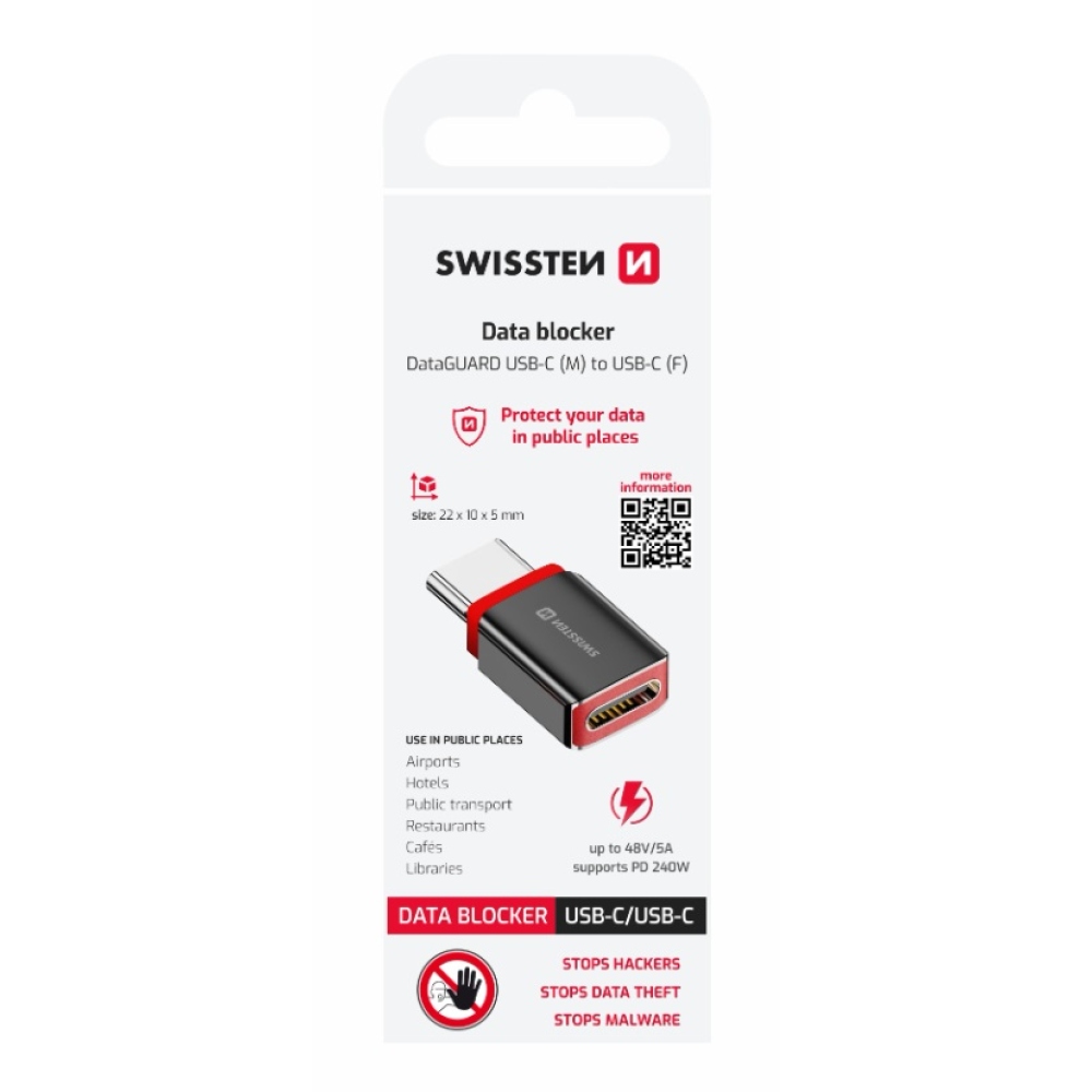SWISSTEN nabíjecí adaptér s blokací dat DataGUARD USB-C (samec)/USB-C (samice) - černý