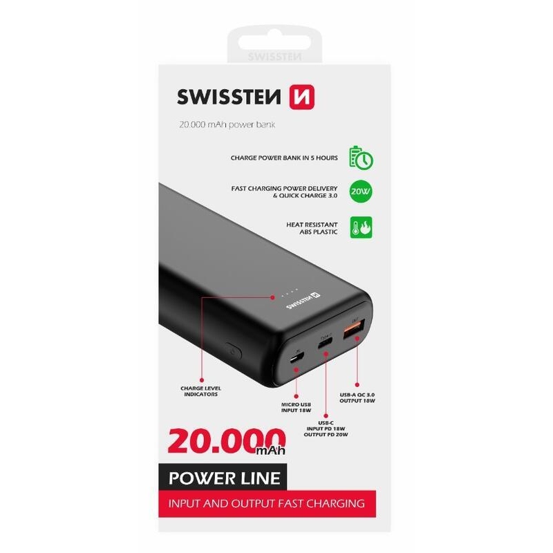 Swissten Power Line Powerbank 20000 mAh 20W - černá