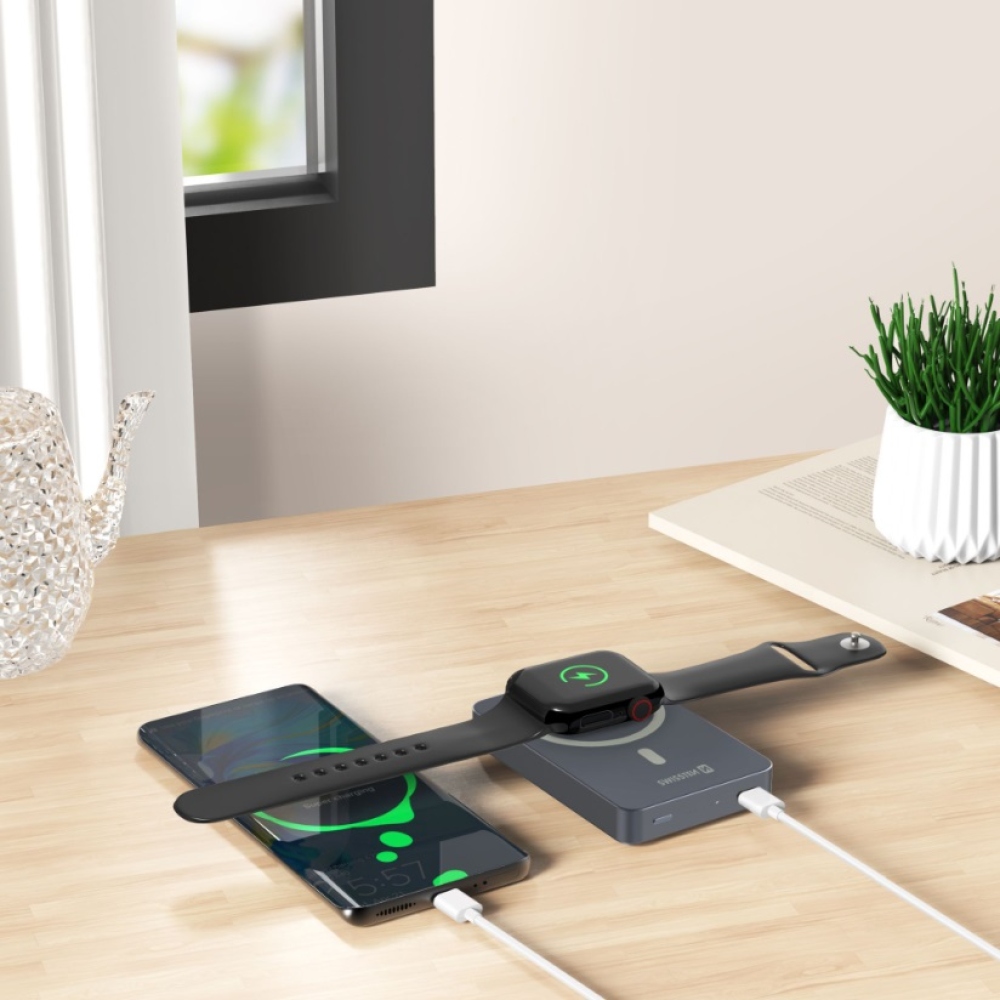 Swissten Powerbank Fusion 10000 mAh s nabíjením Apple Watch (kompatibilní s MagSafe) - stříbrná